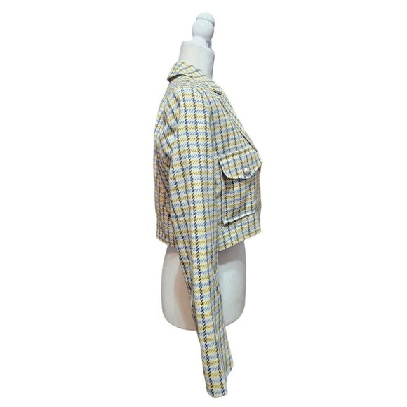 NWT ASOS yellow & blue short plaid cropped blazer with pearl accents size 8 - Picture 9 of 10